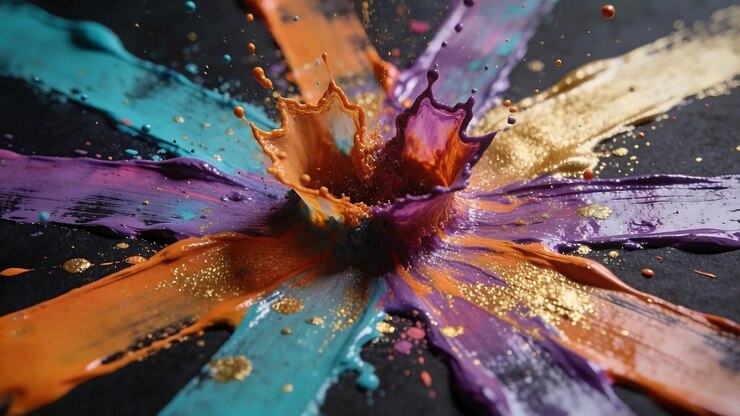 Colliding teal purple paints rebounding by center pulse on dark board, flinging gold droplets