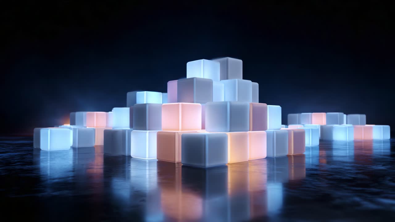 Illuminated Cubes Forming a Geometric Structure with Vivid Colors and Reflective Surfaces in a Dramatic Dark Setting