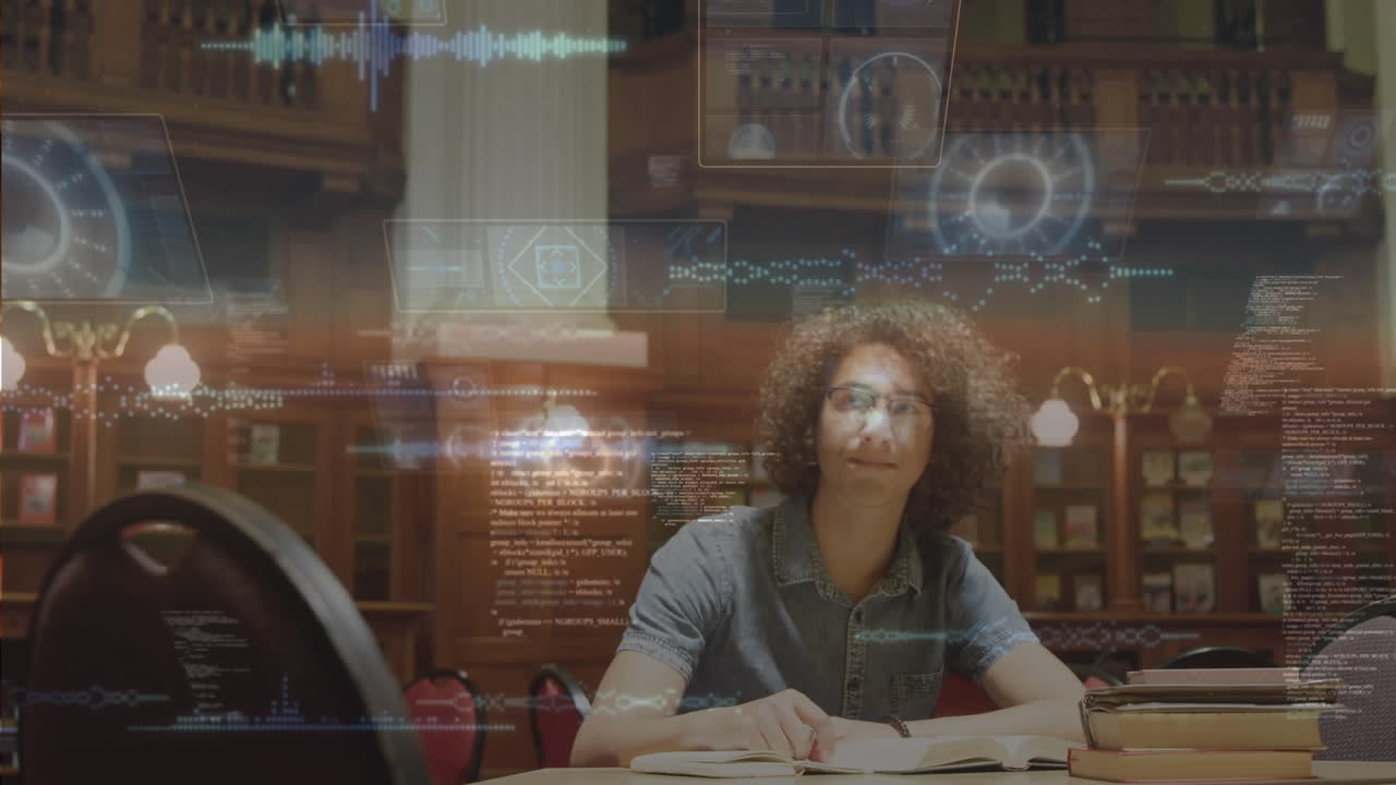 Round scanners and data processing over caucasian male student studying in library at college