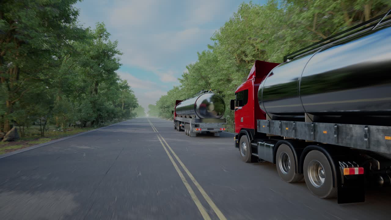 Tanker Trucks on a Road through a Forest