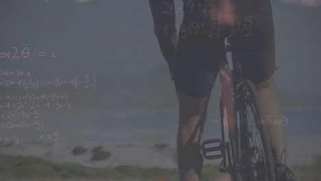 animación de ecuaciones matemáticas sobre un hombre caucásico montando en bicicleta