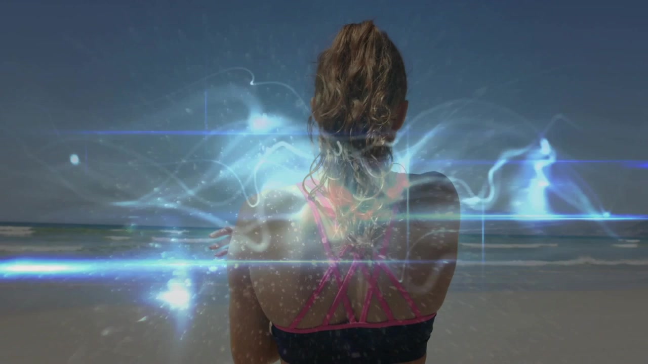 Entusiasta de fitness feminina iniciando o aquecimento estendendo o braço direito, faixa de luz azul varrendo para trás.