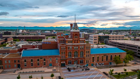 aerial hyperlapse view at sunset of iconic tivoli student union building, denver