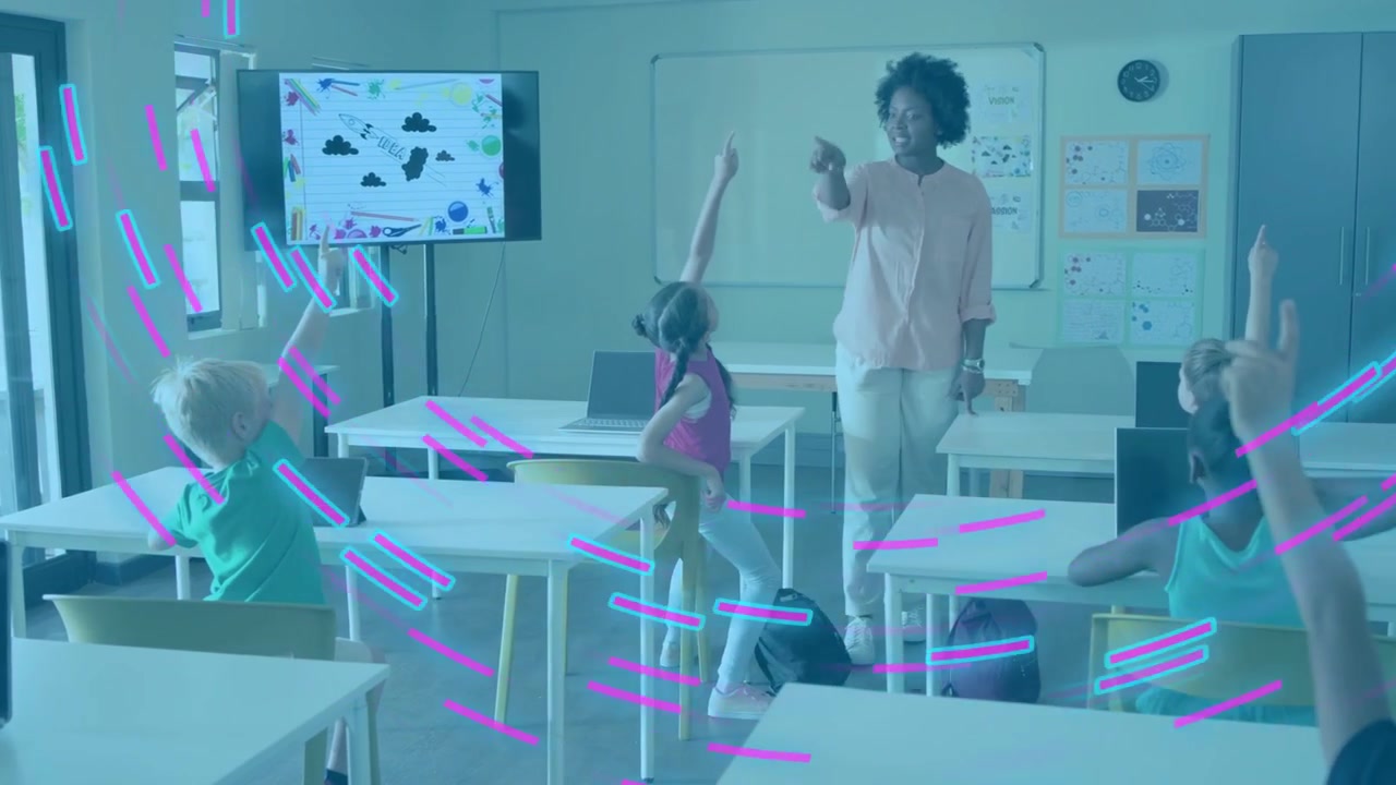 Teacher entering class, calling students answering while magenta cyan overlay rotating across frame