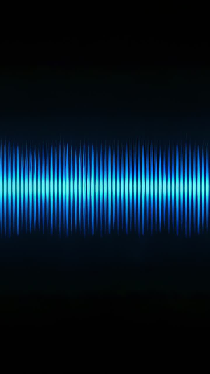 Vertical video: Pulsing glowing blue bars forming waveform band on black screen, reacting to music