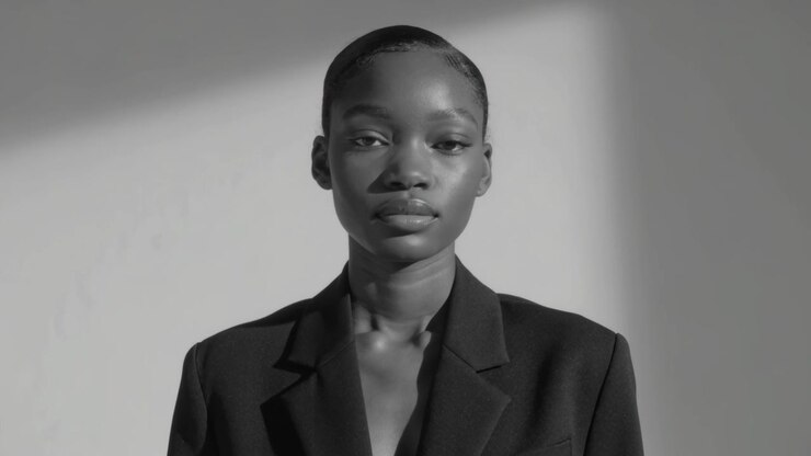La cámara enfoca a una modelo que abre los ojos y cruza la mirada en un estudio, vistiendo un blazer con una sombra diagonal.