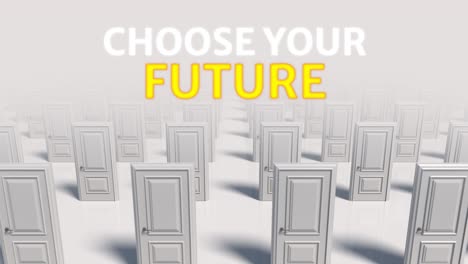 choose your future. rows of white wooden closed doors. there are many ways to choose. choice, business and success concept. moving through a doors hall corridor. 3d animation loop, 4k