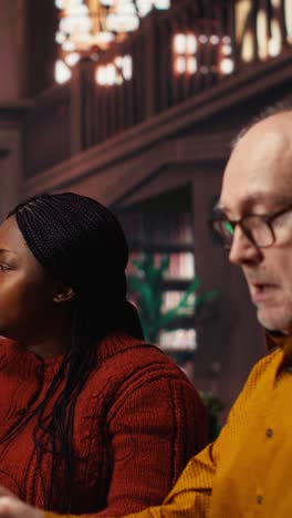 vertical video diverse actors team reading their scripts during theatre drama play rehearsal