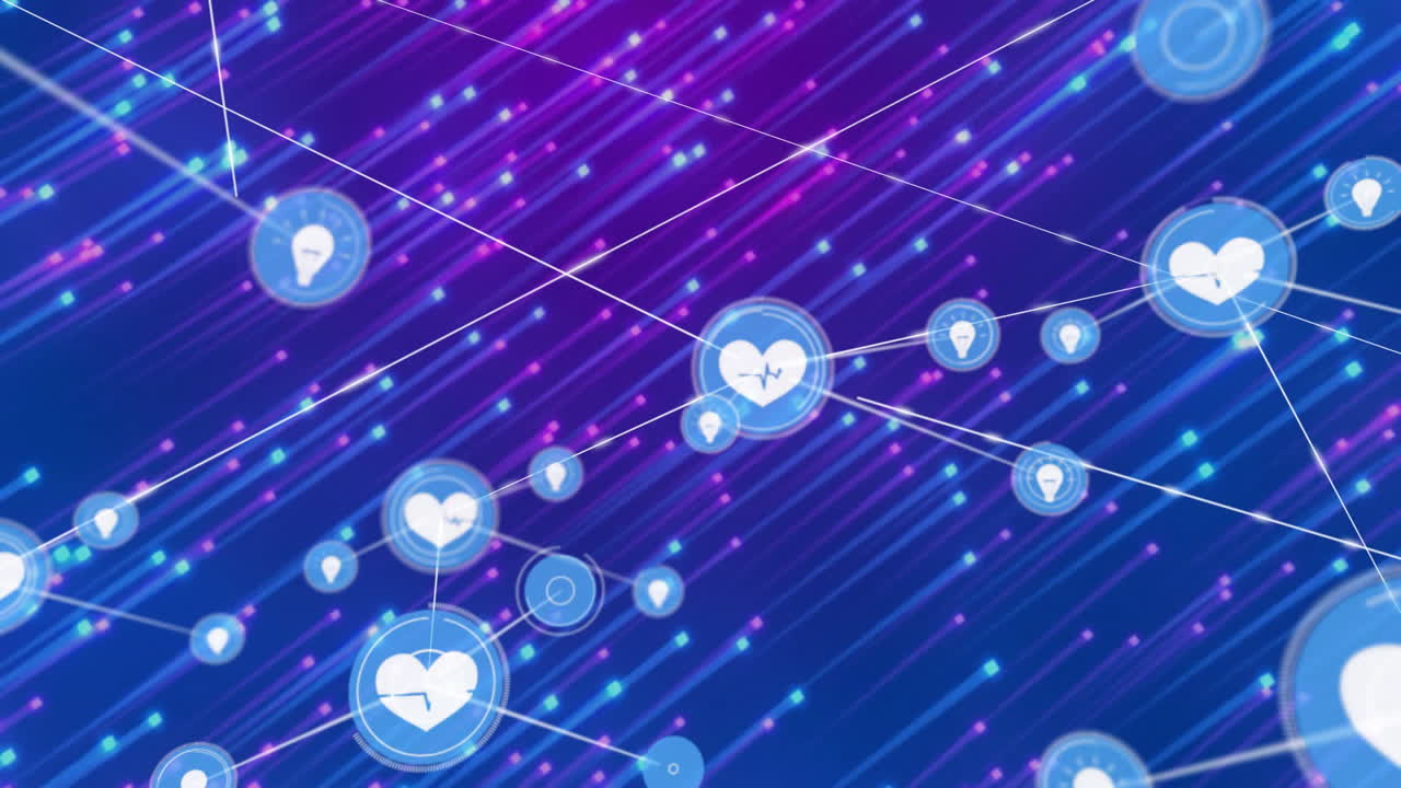 Animation showing connected heart and light bulb icons over digital network lines