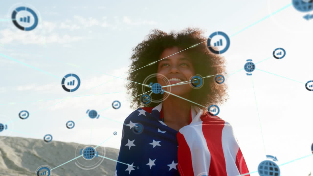 animación de una red de conexiones sobre una mujer feliz en la playa