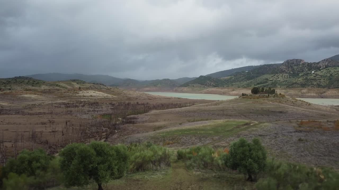 Arbusti vivaci e paludi sconfinate si rivelano, vista aerea da drone.
