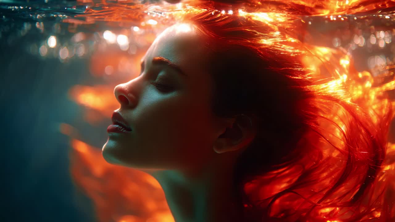 A Serene Underwater Portrait: A Woman with Flowing Fiery Hair Captured in a Dreamlike Environment, Radiating Tranquility and Beauty Beneath the Surface of the Water