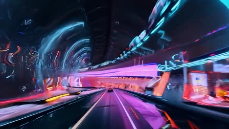 futuristic cars speed through a neon lit tunnel, showcasing vibrant colors and dynamic motion in a cyberpunk cityscape