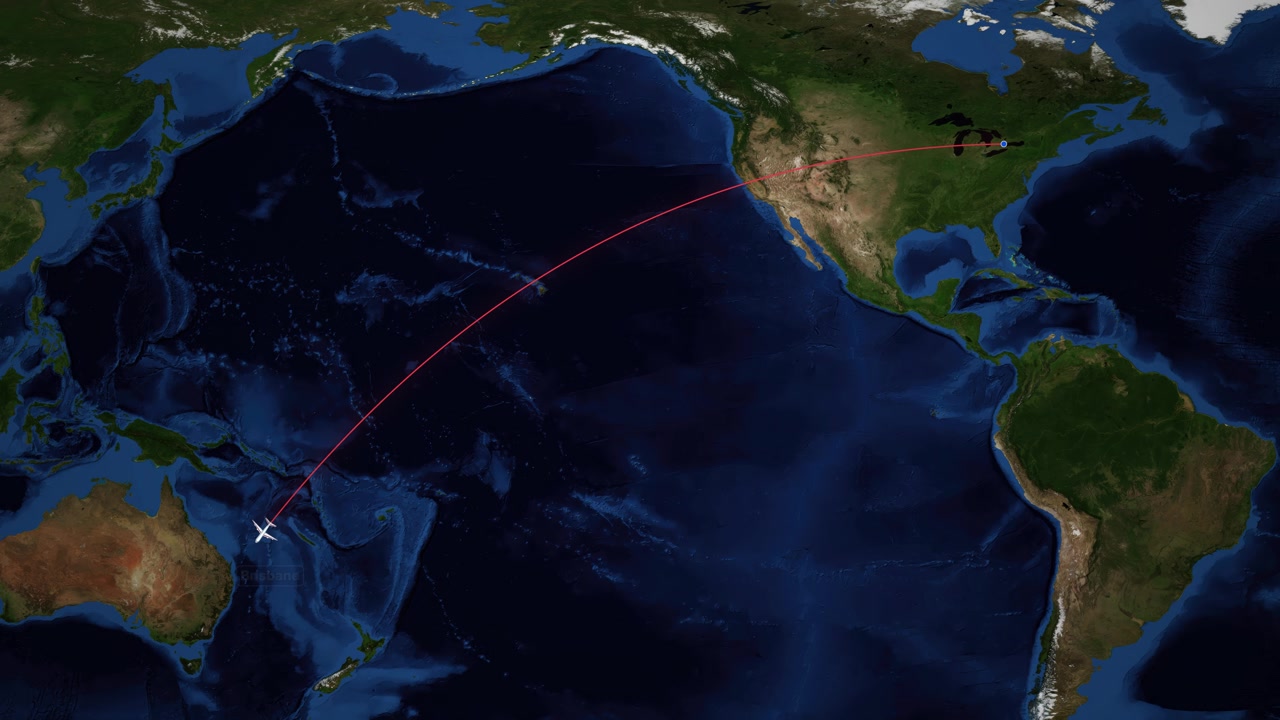Airplane icon follows red line across Pacific Ocean from Toronto to Brisbane on map