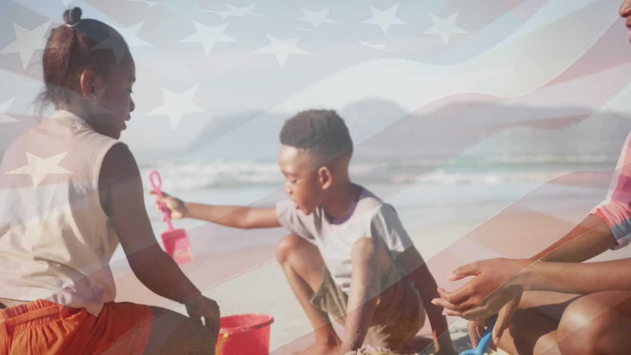 Animation of usa flag over happy african american family