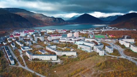 aerial view of the kirovsk town located in khibiny mountains in kola peninsula in russia