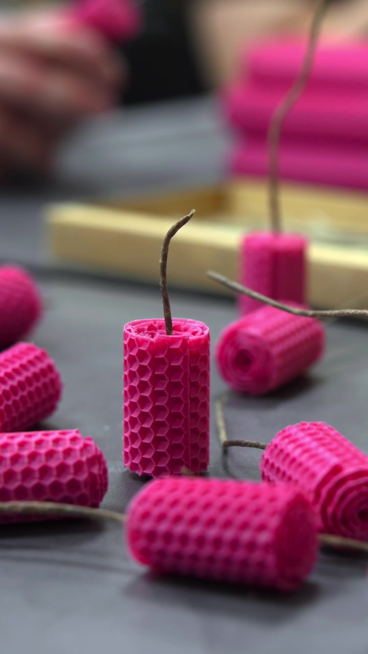 Pink Foam Components Arranged On Table, Threaded With Thin Wire And Pins, Close Macro Focus On Texture