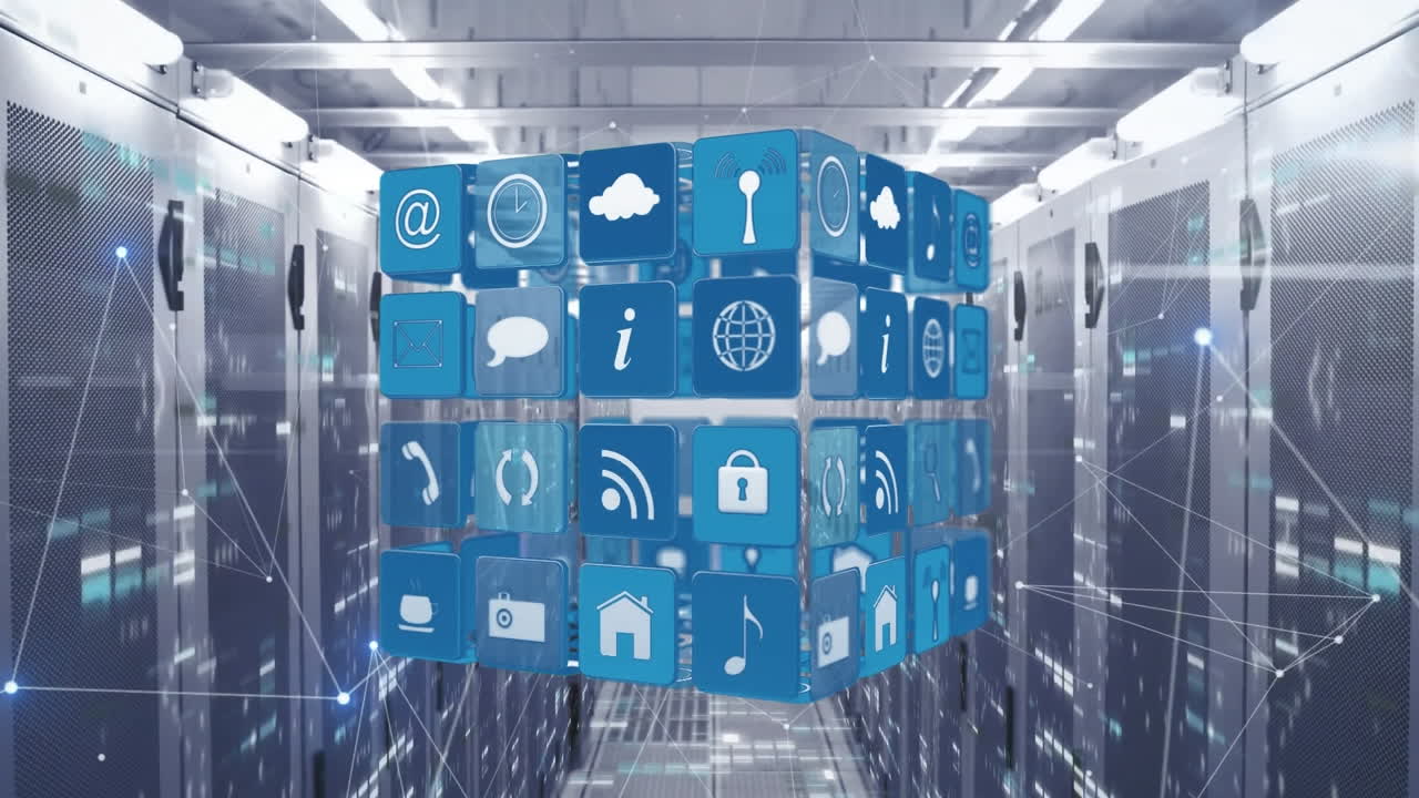 Animation of icons and network of connections over server room