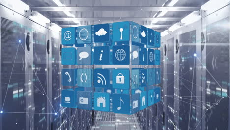 Animation of icons and network of connections over server room
