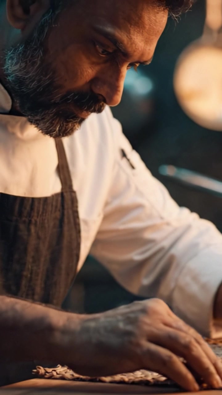 Maestro artigiano che lavora ingredienti esotici con meticolosa attenzione in uno studio culinario, mettendo in mostra l'intricato processo di preparazione e presentazione del cibo