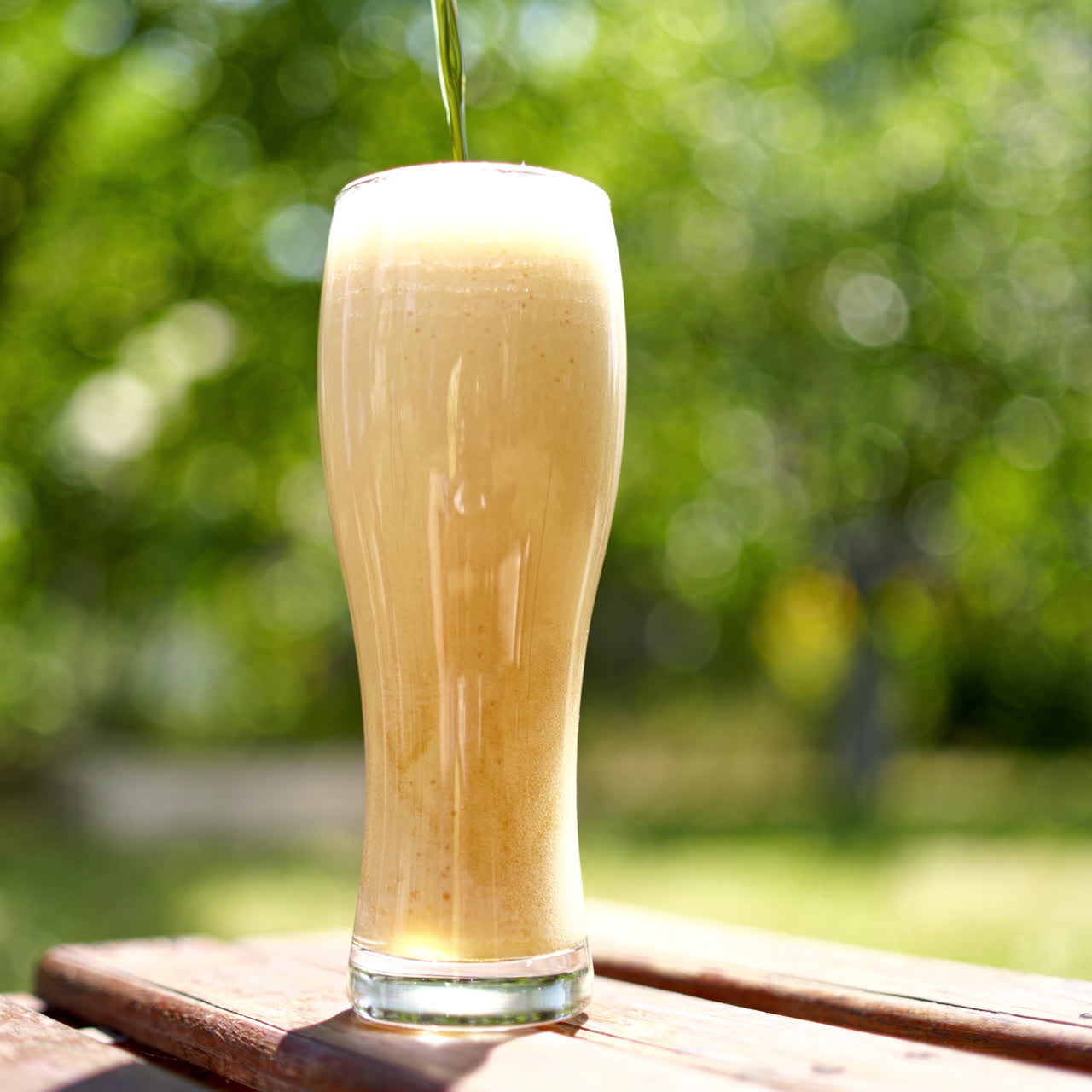 Process of pouring beer to a tall glass on a wooden table. Beer is pouring from the top into the glass with forming wavesfrom the foam. Close-up.