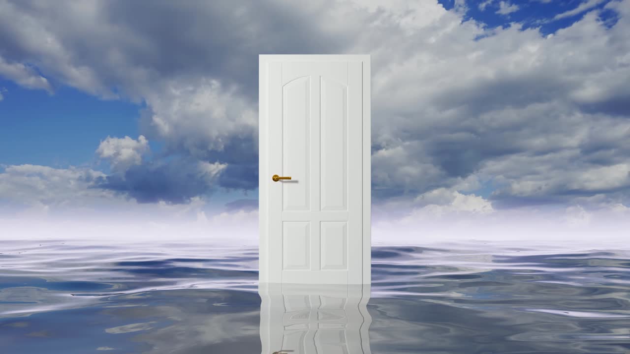 타임 스 구름이 있는 바다 위의  문이 열리고 초록색 화면이 나타납니다.