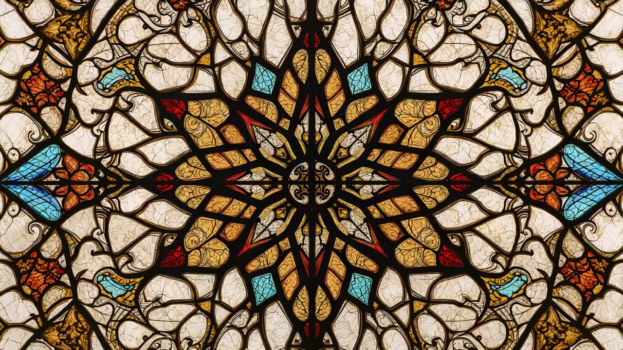 Enregistrement à la caméra d’un vitrail dans une église représentant une rosace en forme d’étoile pour le culte