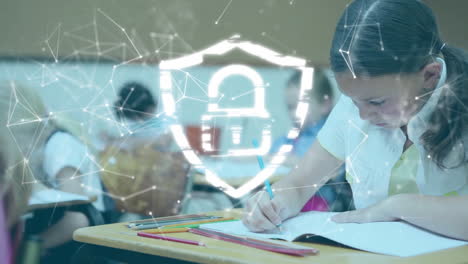 animation of security padlock and shield icon against biracial girl studying in the class at school