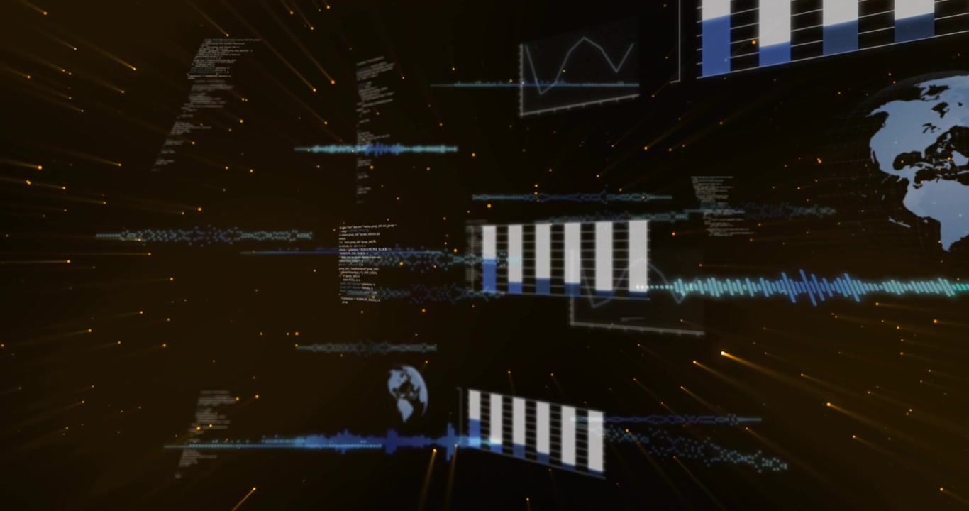Camera moving forward starting central bar charts emerging and code blurring, revealing data trends