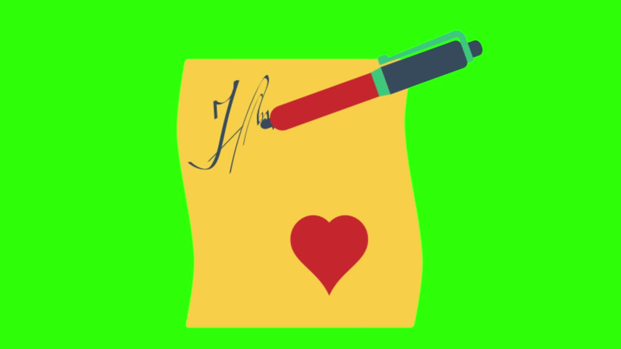 Illustrazione animata 2D di una lettera d'amore e una penna su green screen