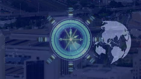 animación de reloj en movimiento y globo con mapa del mundo sobre el paisaje urbano