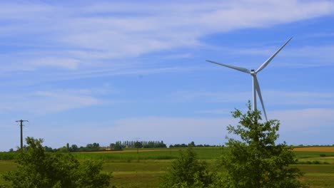 wind turbine in front of tree as camera pans to reveal windfarm in rural area with multiple generators making clean renewable energy electricity to reduce reliance on fossil fuels 4k