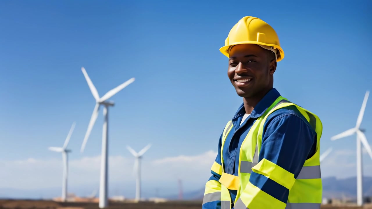 Smiling Engineer Standing in Front of Wind Turbines