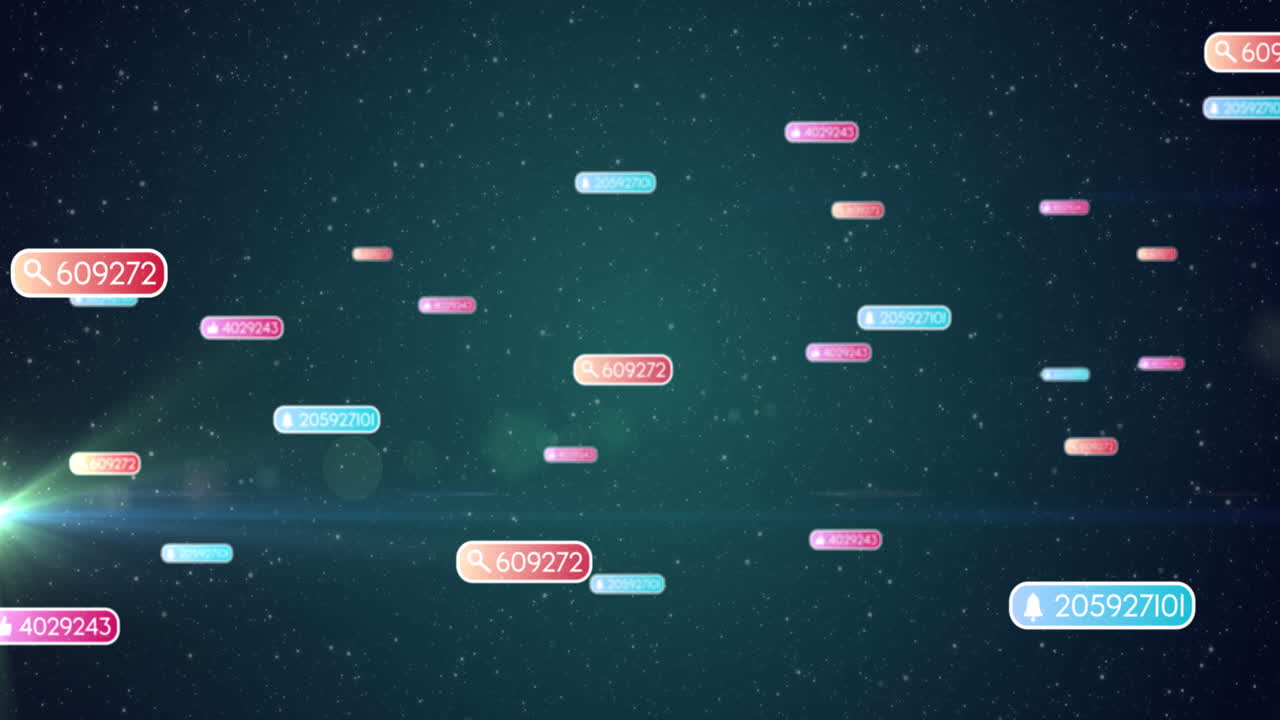 밤하늘의 다채로운 배너에 있는 소셜 미디어 아이콘과 숫자 위의 커서의 애니메이션