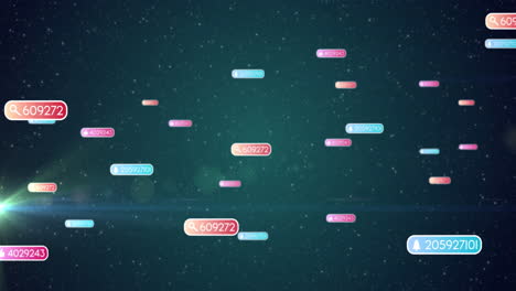 animación de cursores sobre iconos de redes sociales y números en banners multicolores en el cielo nocturno