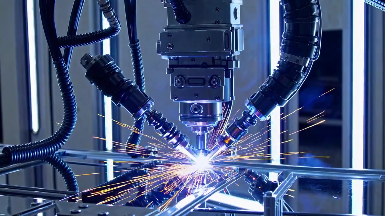 Lengan Robot Otomatis Mengelas Logam dengan Percikan Api Terang