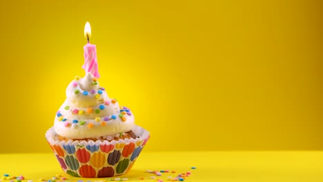 birthday decorated cupcake with a candle and sprinkles - sliding shot