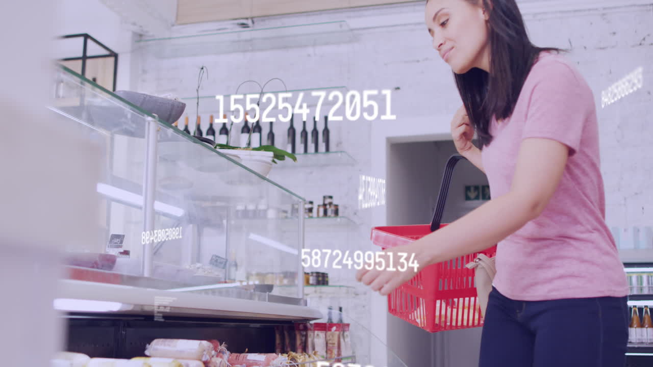 여성 쇼핑에 대한 숫자 및 금융 데이터 처리의 애니메이션