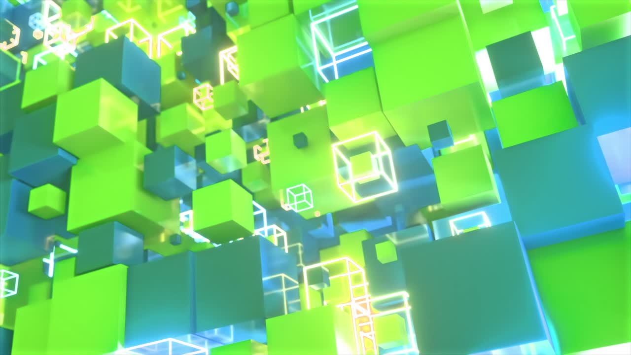movimiento abstracto de cubos coloridos con cubos brillantes de neón. bucle sin costuras animación 4k