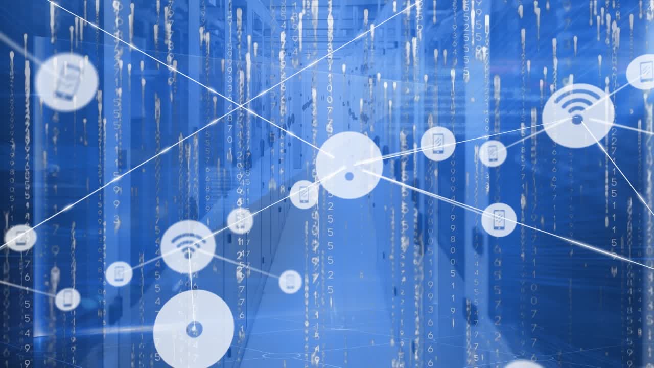Animation of network of connections with icons over computer servers