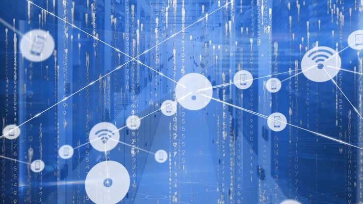 Animation of network of connections with icons over computer servers