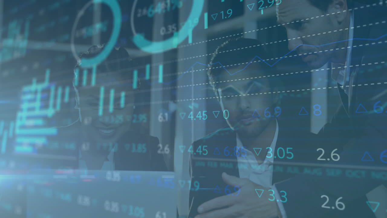 Discussing financial data, business professionals with stock market animation in office