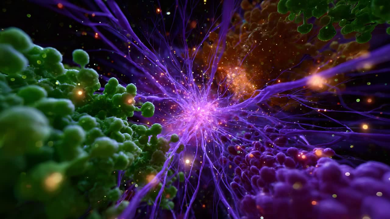 Un viaggio astratto attraverso percorsi neurali e particelle colorati, che mostra luci vivaci e strutture intense in un'esperienza di contenuti visivi accattivante