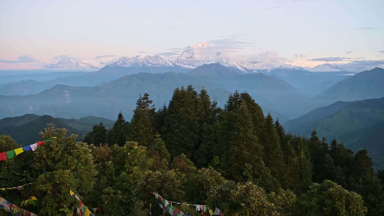 Himalayas Mountains at Poon Hill View, Beautiful Dramatic Mountain Scenery in Nepal with Mountains Trees and Forest Scenery at Sunrise while Trekking and Hiking in Annapurna Mountains in Nepal