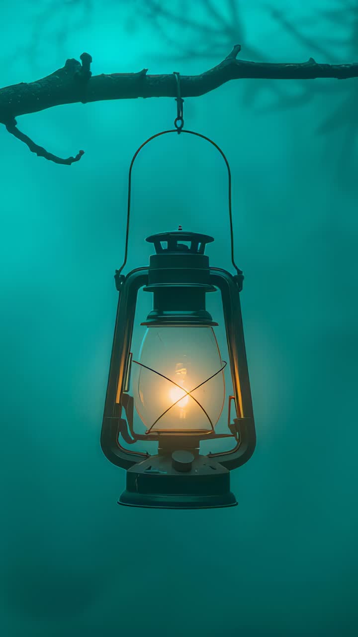 Vertical video: Lantern hanging, flame glowing while breeze swaying branch in fog, glass globe