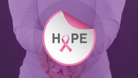 animation of breast cancer awareness text over caucasian woman