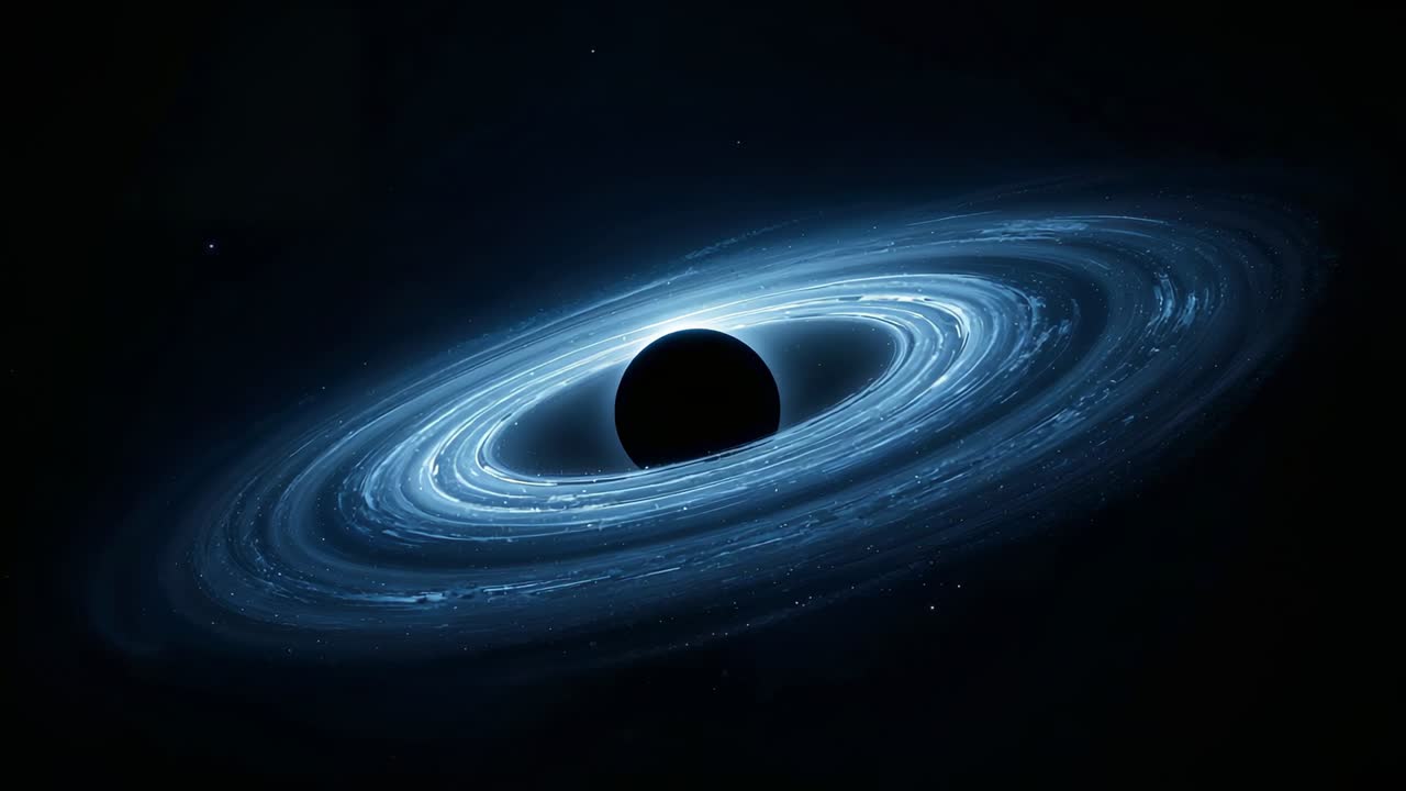 Light pulses causing black hole pulling plasma into glowing disk in outer space with stars drifting