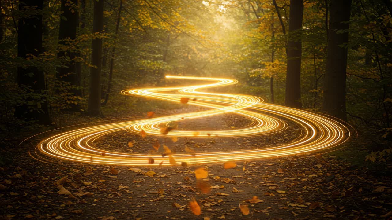 A Captivating Forest Scene with a Magical Pathway Illuminated by Whirling Leaves and Enchanting Light Trails, Creating an Ethereal Atmosphere of Fall's Beauty