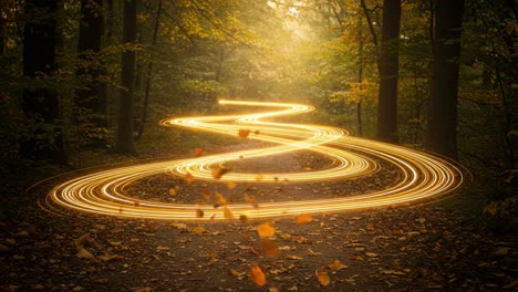 a captivating forest scene with a magical pathway illuminated by whirling leaves and enchanting light trails, creating an ethereal atmosphere of fall's beauty