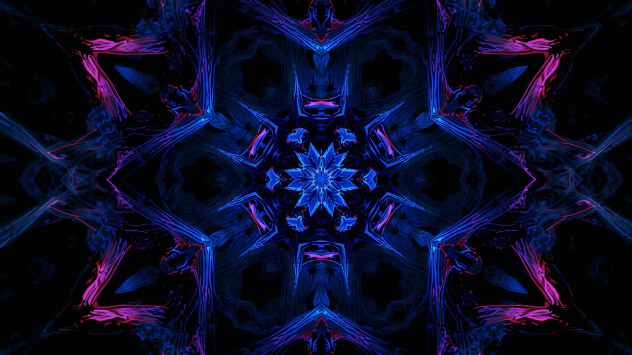 Mandala al neon pulsante che ruota su un'area di lavoro nera all'inizio, mostrando tratti blu e viticci magenta